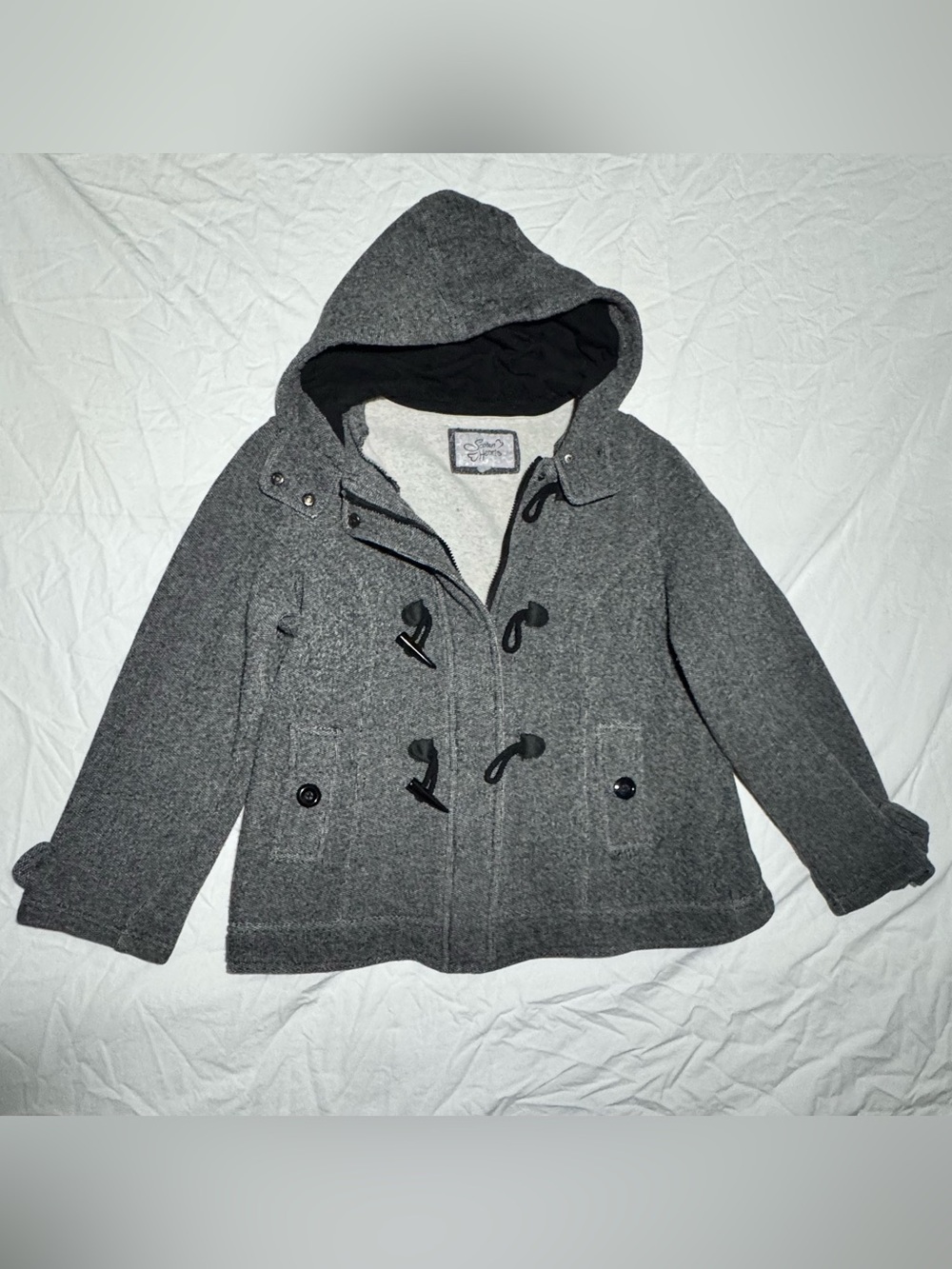 Stolen Hearts Womens Jacket Sz Large Hooded Hood Zip Button Toggle Gray